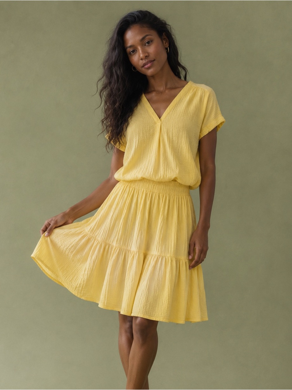 100% Cotton Gauze Fabric Yellow V- Neck Popover